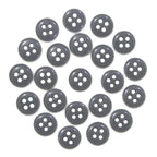 Twenty Trouser Fly Pant Buttons, each black with four holes, are arranged in a circle on a white background.