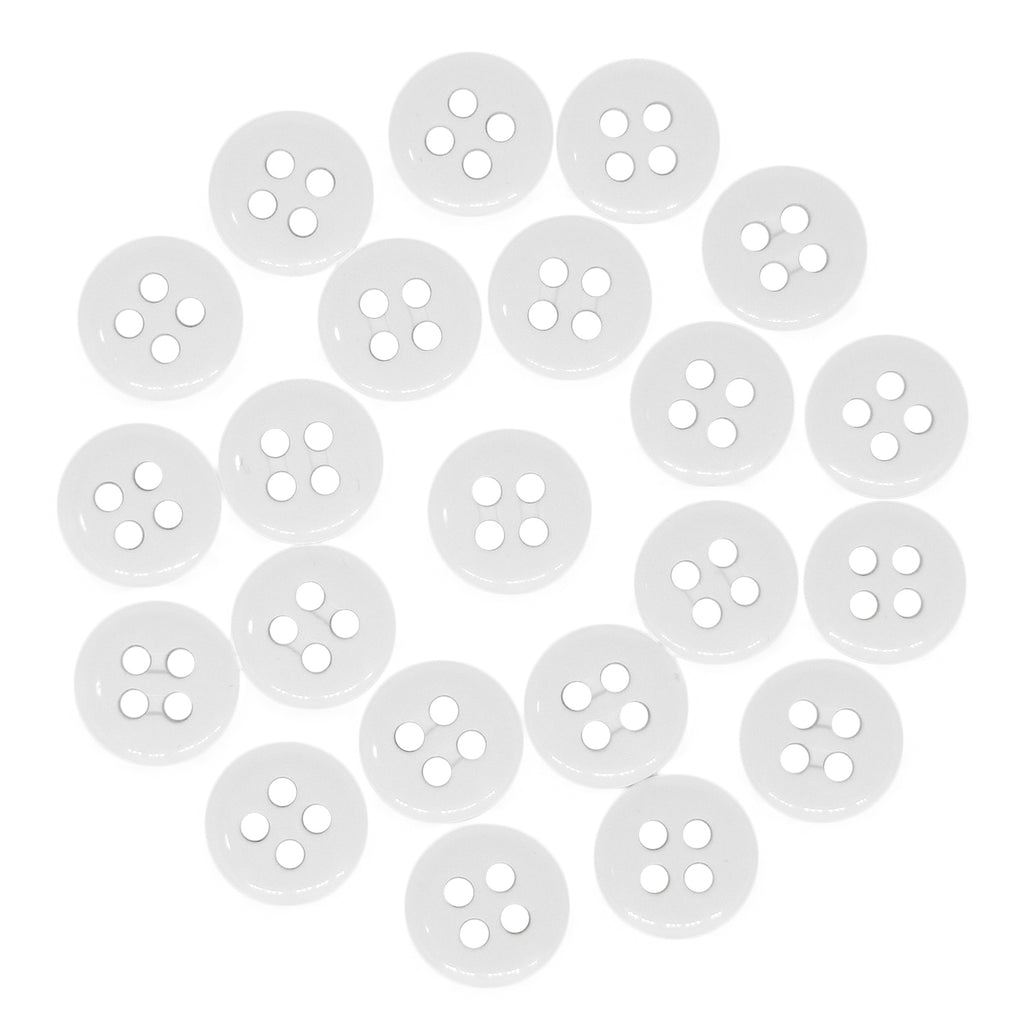 Twenty-four Trouser Fly Pant Buttons, each white with four holes, are arranged in a circular pattern on a white background.