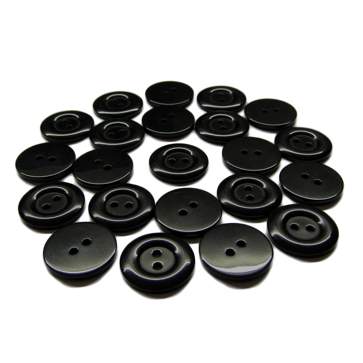 Several black round Commercial Food Service Buttons, each with two holes, are neatly arranged in a semicircle on a white background.