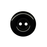 A black, round Commercial Food Service Button with two holes on a white background—perfect for use as a plain or work uniform button.
