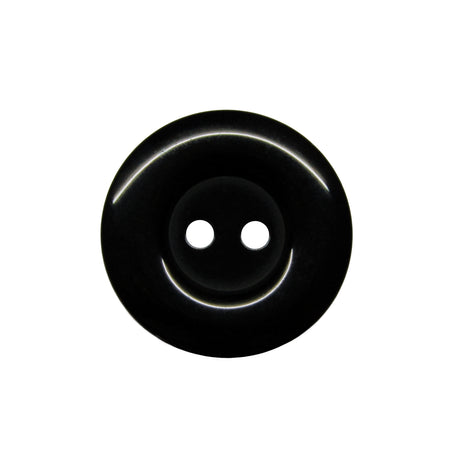 A black, round Commercial Food Service Button with two holes on a white background—perfect for use as a plain or work uniform button.