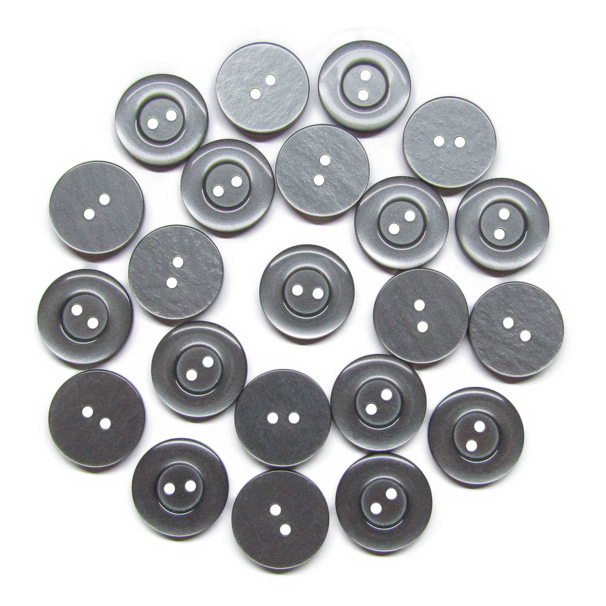 Twenty-five Commercial Food Service Buttons, round and gray with two holes, are arranged in a loose circular pattern on a white background.