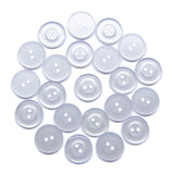 Twenty-four Commercial Food Service Buttons, clear and round with two holes, are grouped loosely on a white background—ideal as plain uniform buttons.
