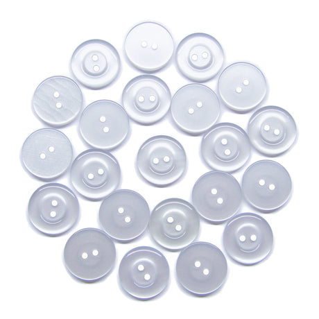 Twenty-four Commercial Food Service Buttons, clear and round with two holes, are grouped loosely on a white background—ideal as plain uniform buttons.