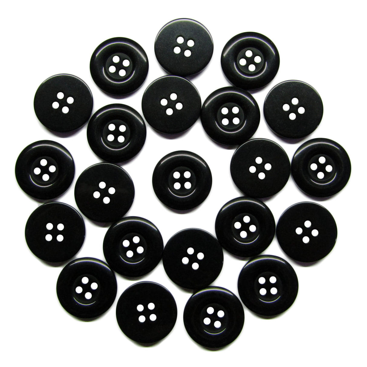 Twenty-four Commercial Food Service Buttons, black nylon with four holes and a plain design, are arranged in a circle on a white background.