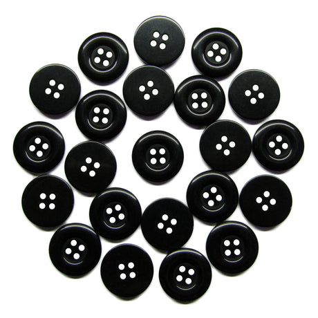 Twenty-four Commercial Food Service Buttons, black nylon with four holes and a plain design, are arranged in a circle on a white background.