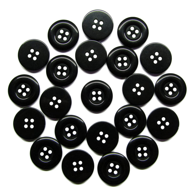 Twenty-four Commercial Food Service Buttons, black nylon with four holes and a plain design, are arranged in a circle on a white background.