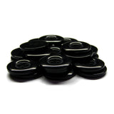 A stack of Commercial Food Service Buttons, glossy black and ideal for uniforms, arranged neatly on a white background.