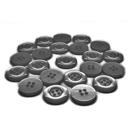 A cluster of round, four-hole Commercial Food Service Buttons in black nylon on a white background, perfect as plain work uniform buttons.