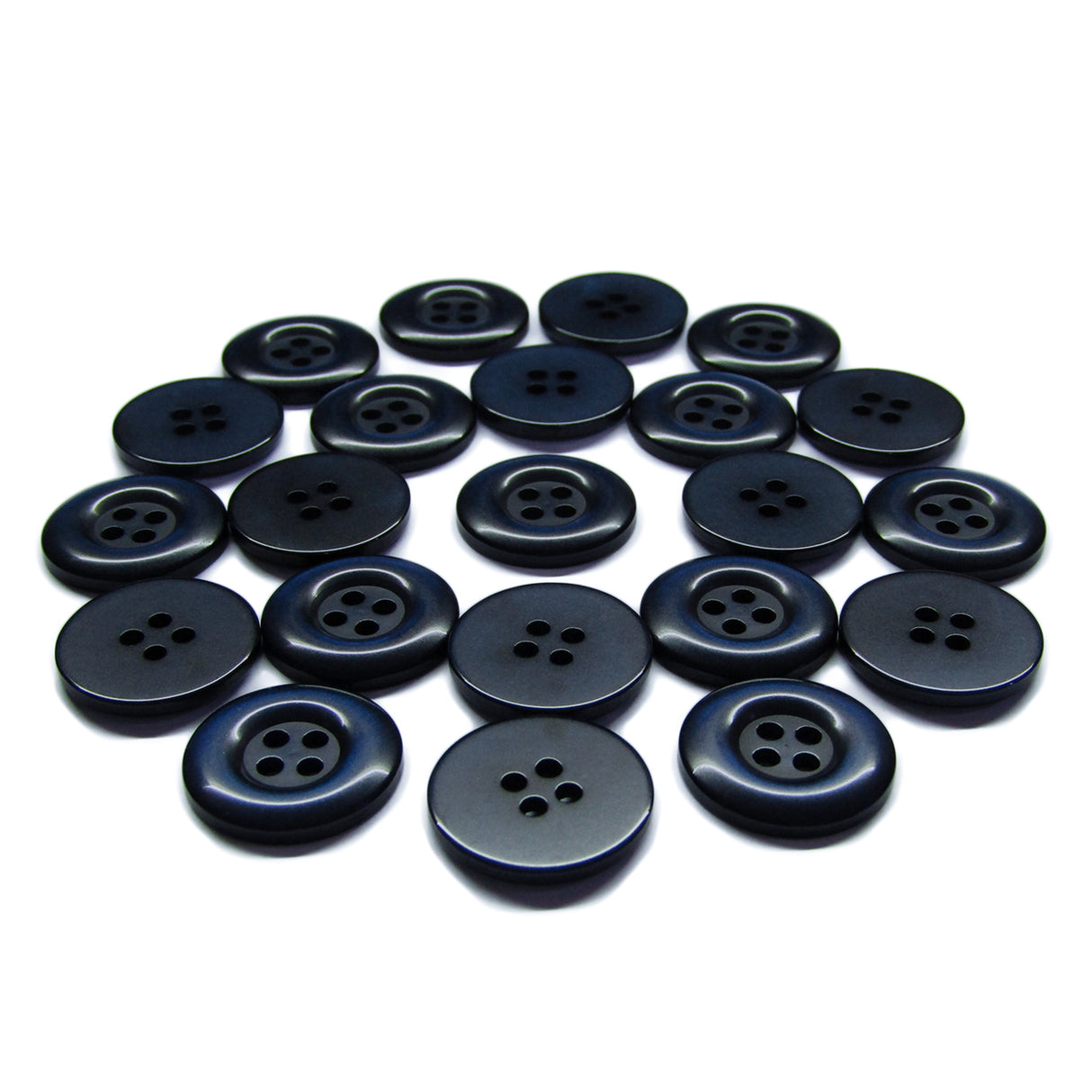 Twenty-four Commercial Food Service Buttons, dark blue and four-holed, are arranged in a circle on a white background.