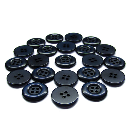 Twenty-four Commercial Food Service Buttons, dark blue and four-holed, are arranged in a circle on a white background.