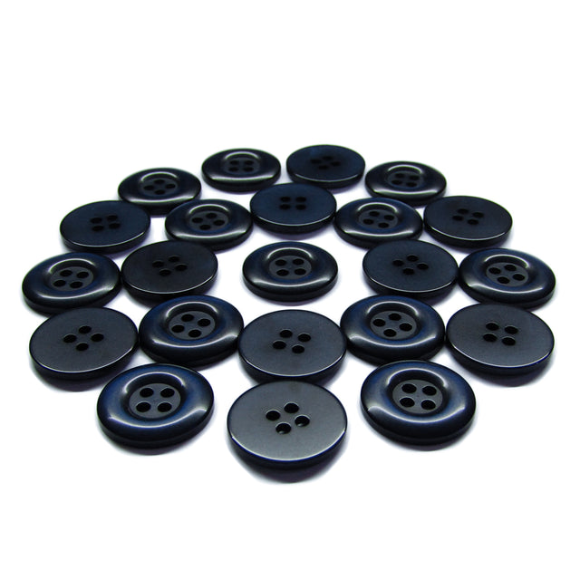 Twenty-four Commercial Food Service Buttons, dark blue and four-holed, are arranged in a circle on a white background.