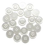 A set of Commercial Food Service Buttons, white, round, and four-holed, displayed in a loose circular arrangement on a white background.
