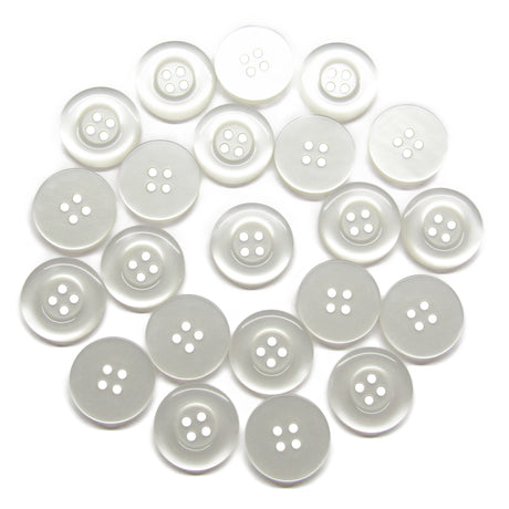 A set of Commercial Food Service Buttons, white, round, and four-holed, displayed in a loose circular arrangement on a white background.
