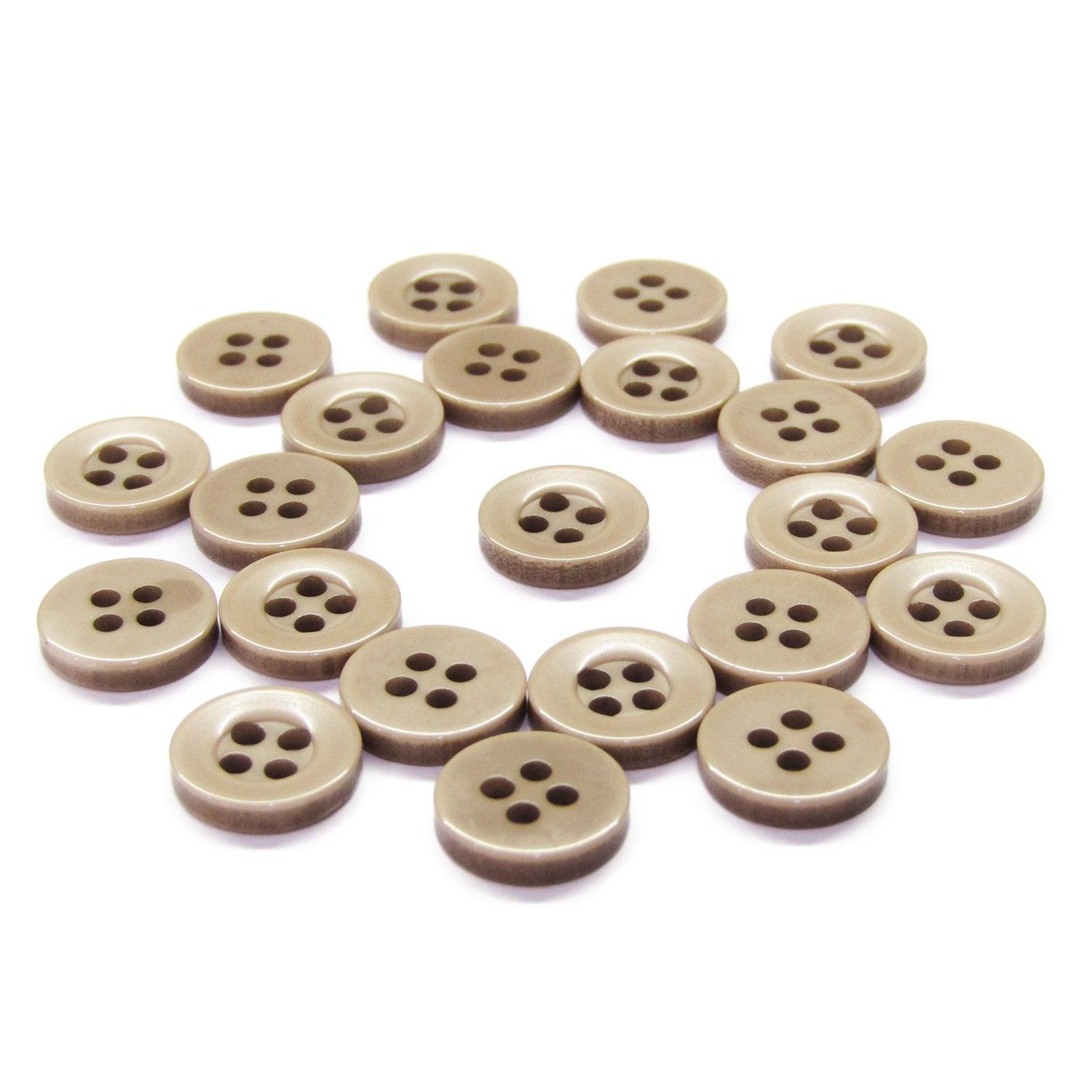 A set of brown, four-hole Workshop Uniform Shirt Buttons made from durable nylon, arranged in a loose circular pattern on a white background.