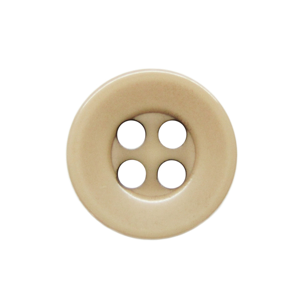 A beige, round Workshop Uniform Shirt Button with four center holes, made from durable nylon, displayed on a white background.