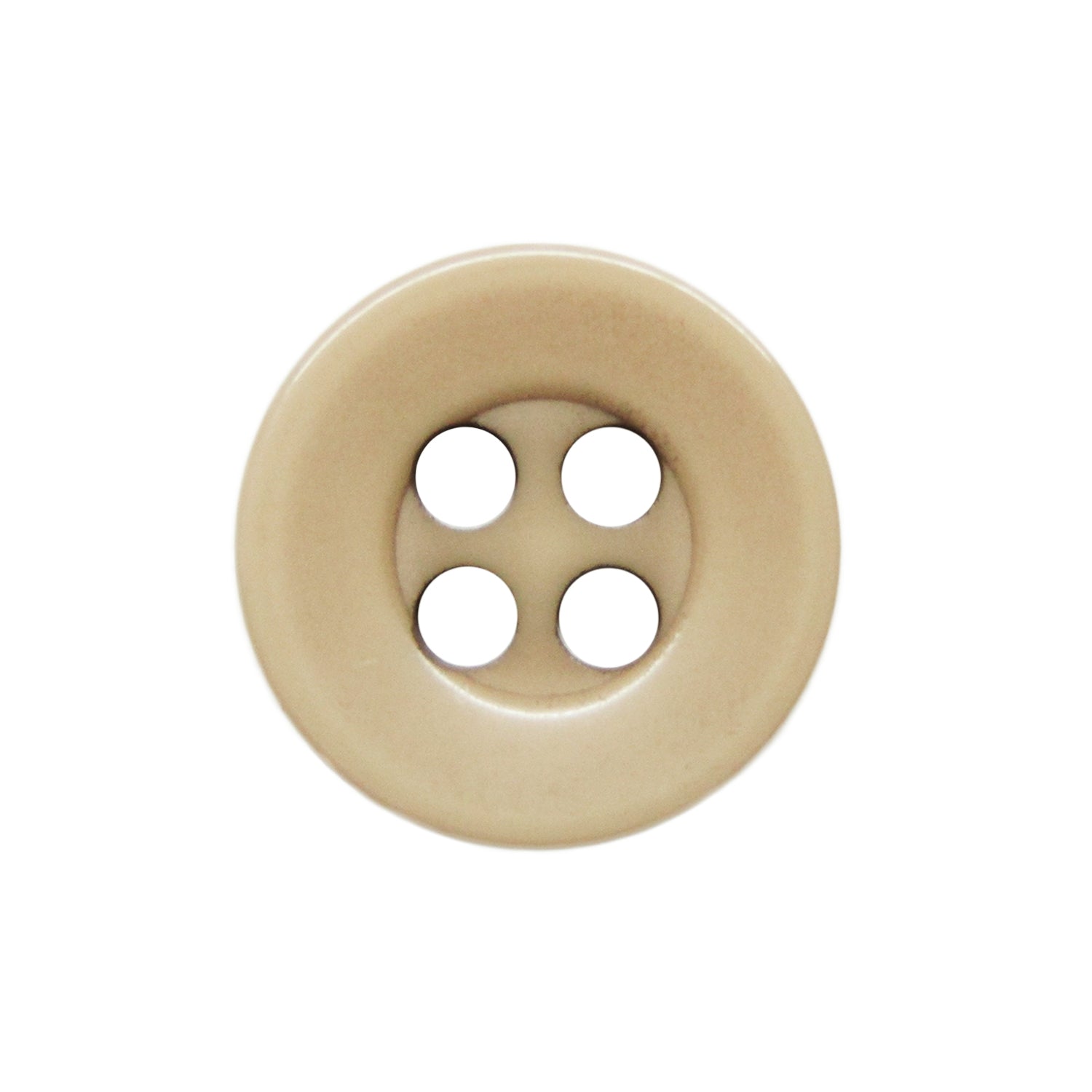 A beige, round Workshop Uniform Shirt Button with four center holes, made from durable nylon, displayed on a white background.