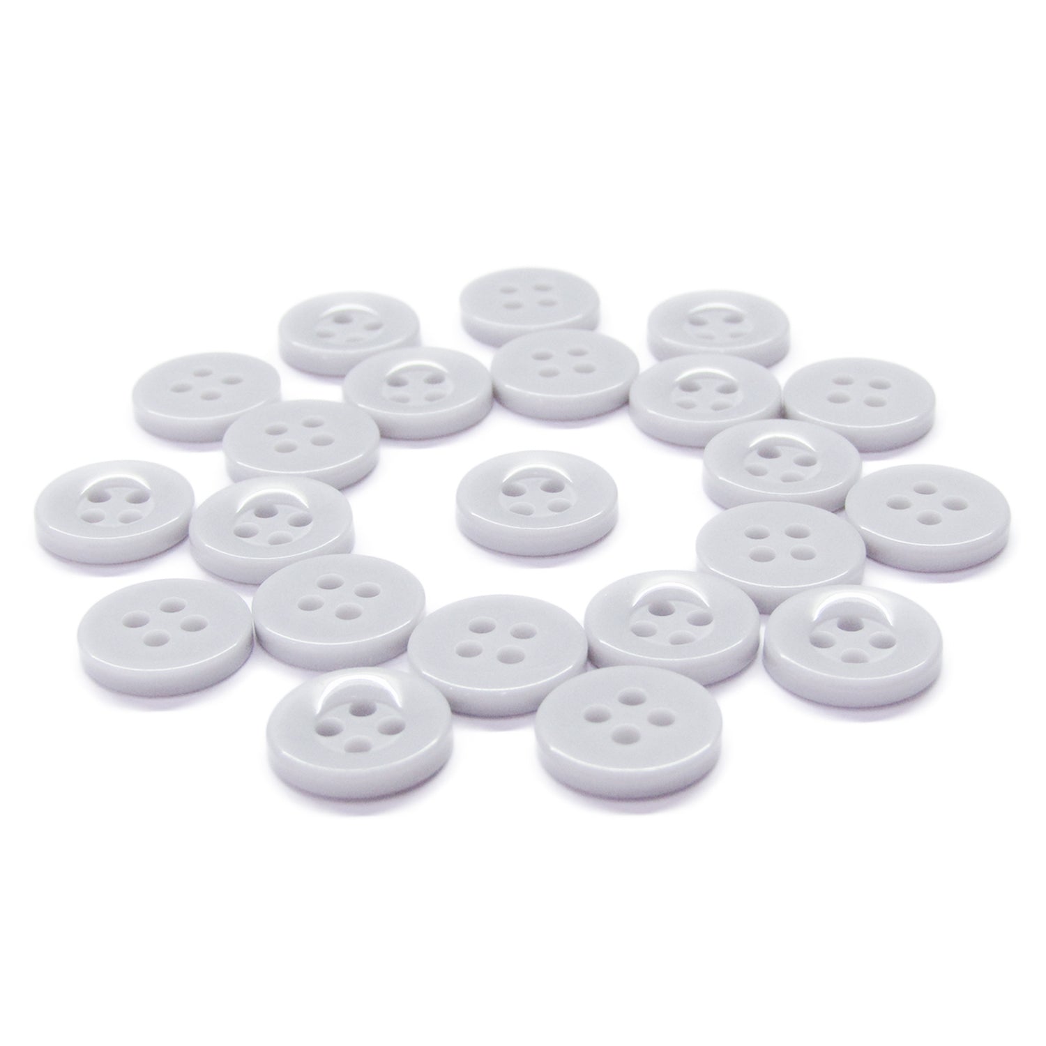 Workshop Uniform Shirt Buttons: round, white, durable nylon with four holes each, scattered on a white background.