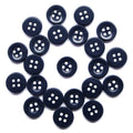 Twenty-one Workshop Uniform Shirt Buttons, made of durable navy blue nylon, are arranged in a circle on a white background.