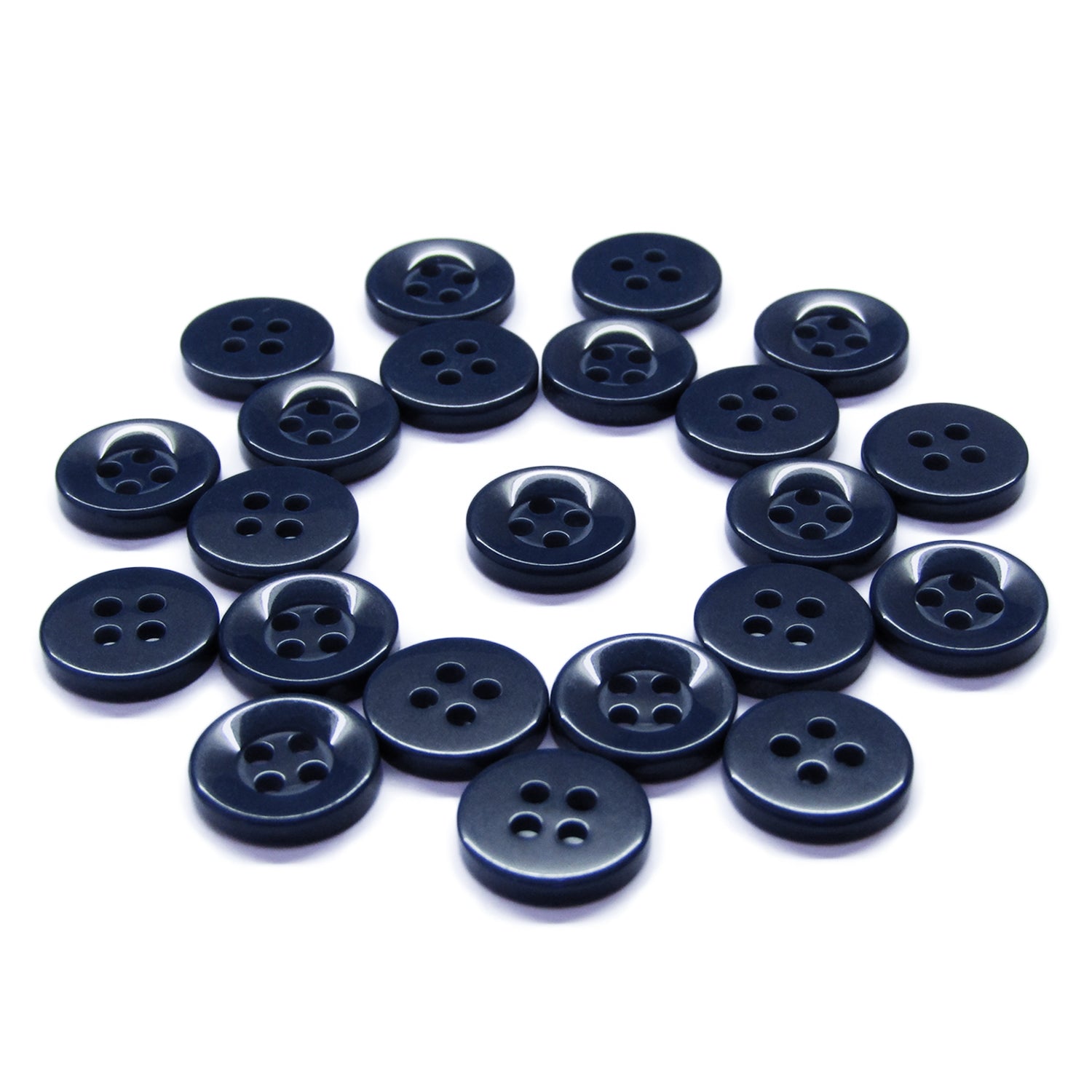 Workshop Uniform Shirt Buttons—crafted from durable dark navy blue nylon—are arranged in a loose circle on a white background, perfect for workshop uniforms.