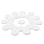 Scattered white, round, four-hole Workshop Uniform Shirt Buttons—durable nylon fasteners—are arranged on a plain white background.