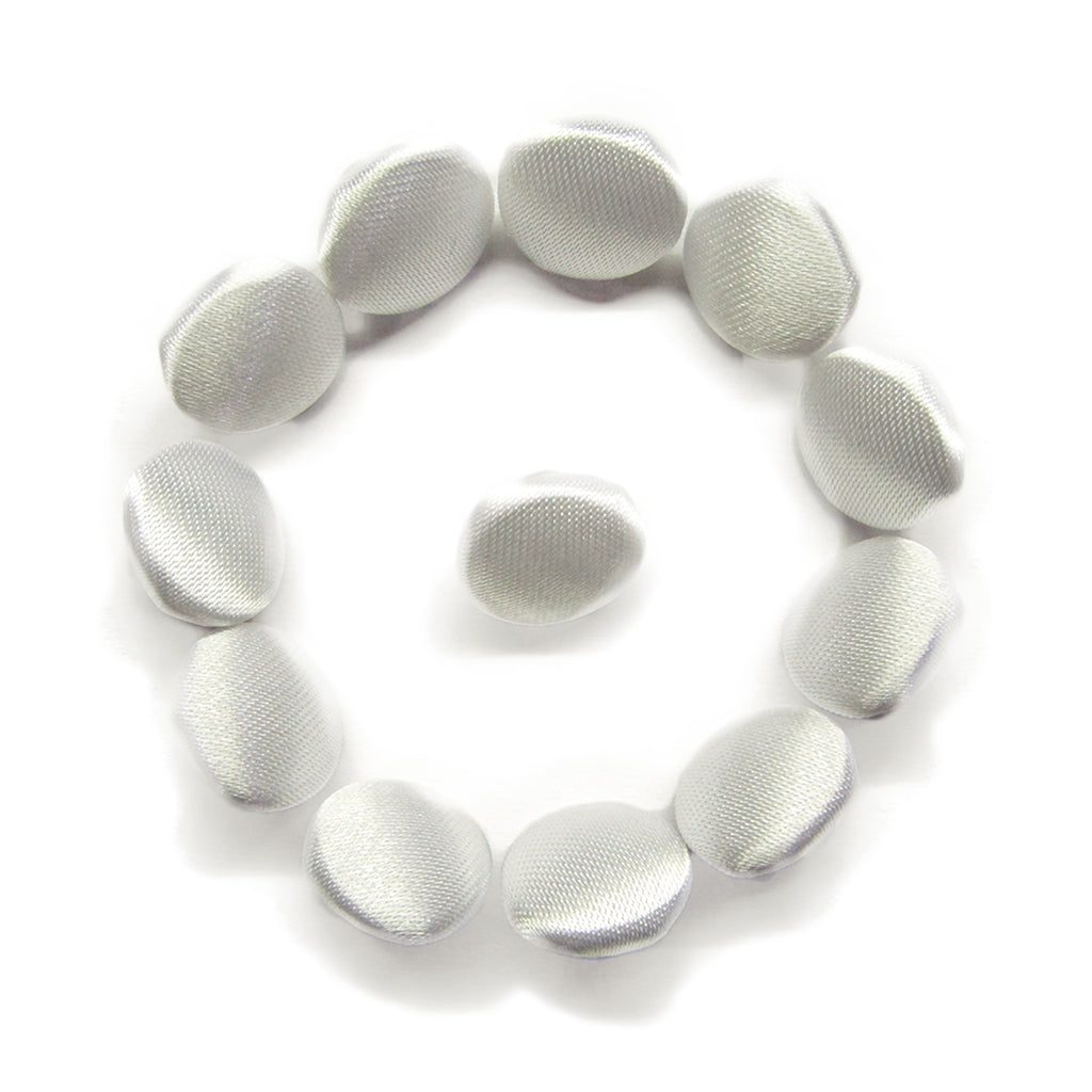 Thirteen Silk Satin Bridal Buttons are arranged in a spiral pattern with satin trim on a white background.