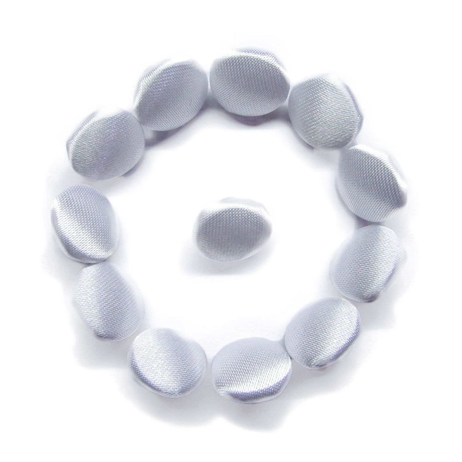Thirteen Silk Satin Bridal Buttons—twelve arranged in a circle with one in the center—are displayed on a white background.