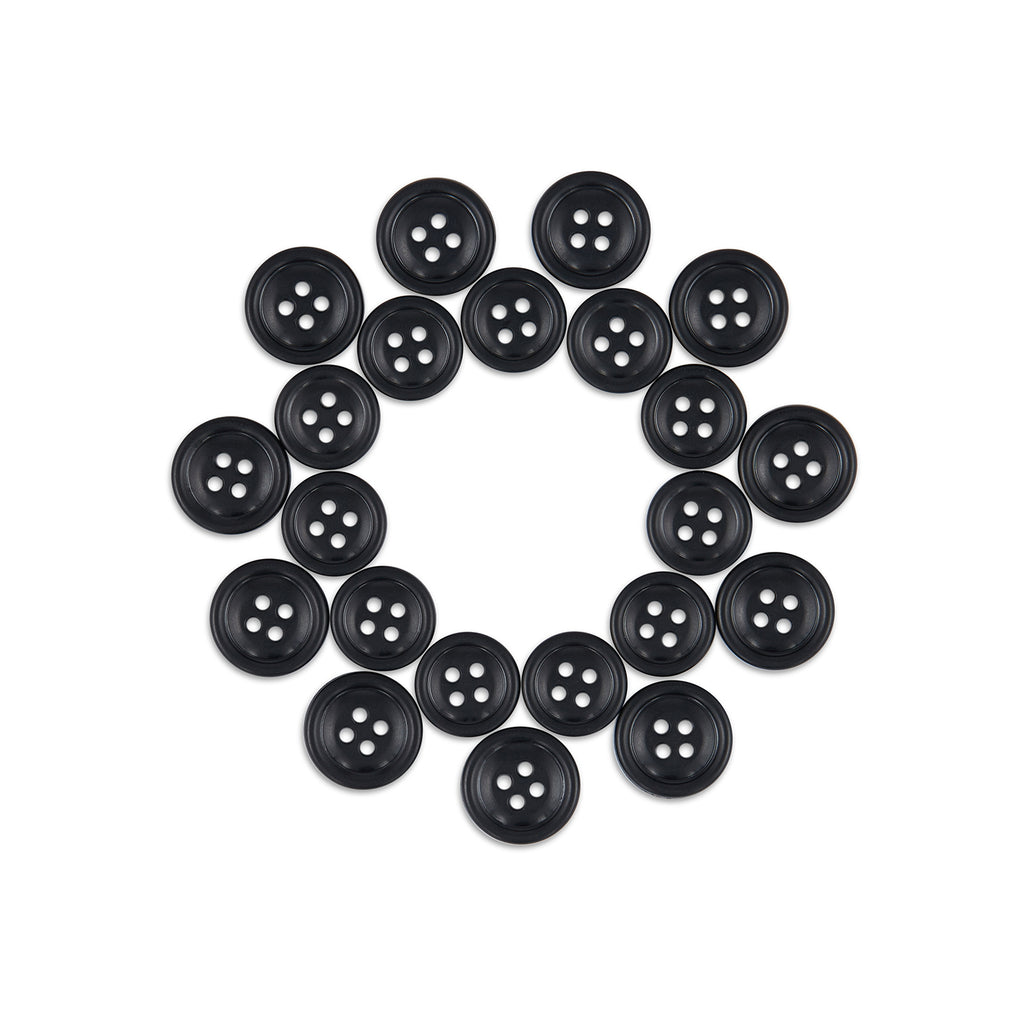 Twenty Cargo Utility Pant Buttons made of black nylon plastic arranged in a neat circle on a white background, perfect as replacement buttons for cargo pants.
