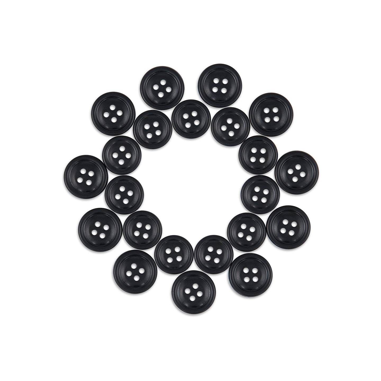 Twenty Cargo Utility Pant Buttons made of black nylon plastic arranged in a neat circle on a white background, perfect as replacement buttons for cargo pants.