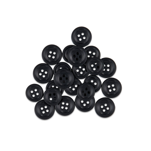 Cargo Utility Pant Buttons—black, four-hole nylon buttons arranged on a white background—perfect replacements for shirts or cargo pants.