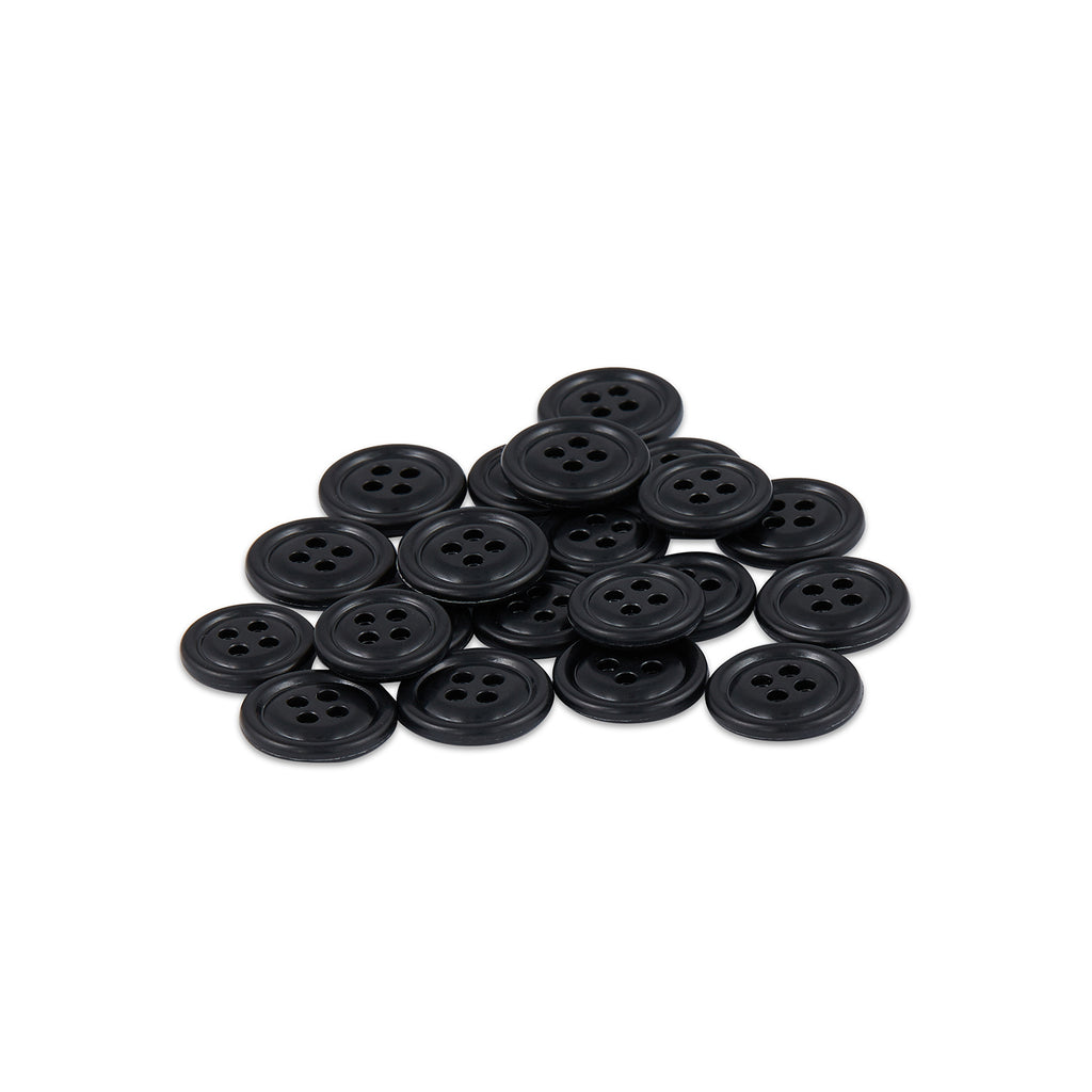 A pile of Cargo Utility Pant Buttons made from round black nylon plastic, ideal as replacements for cargo pants, arranged on a white background.