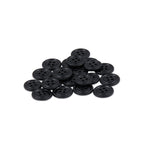 A pile of Cargo Utility Pant Buttons made from round black nylon plastic, ideal as replacements for cargo pants, arranged on a white background.