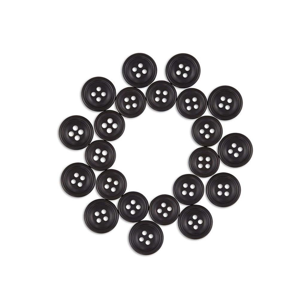 Twenty Cargo Utility Pant Buttons made of black nylon plastic are arranged in a circle on a white background, ideal as replacement buttons for cargo pants.