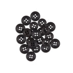 A collection of Cargo Utility Pant Buttons—black, four-hole nylon plastic—scattered on a white background.