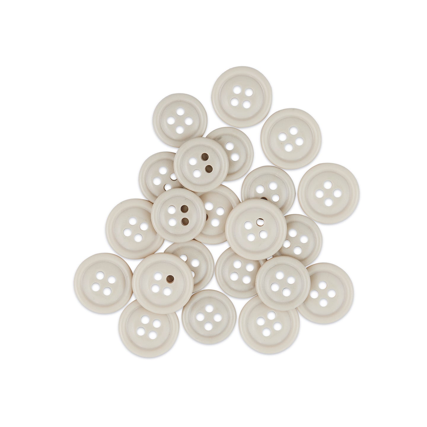 A pile of beige Cargo Utility Pant Buttons, made from four-hole nylon plastic, arranged on a white background—ideal replacement buttons for cargo pants.