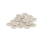 A pile of small, round, white Cargo Utility Pant Buttons with four holes each lies on a white background—ideal as replacement buttons for shirts or cargo pants.
