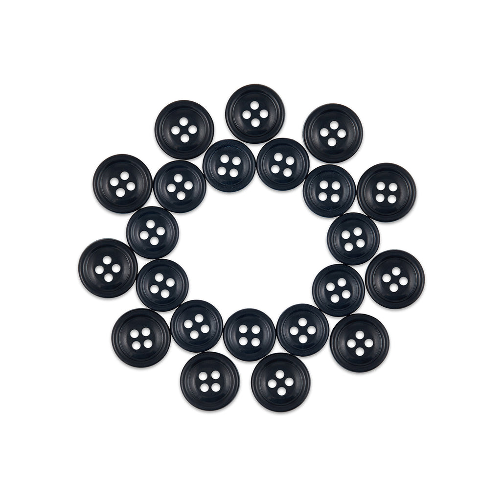Twenty Cargo Utility Pant Buttons made of black nylon plastic arranged in a circular pattern on a white background.