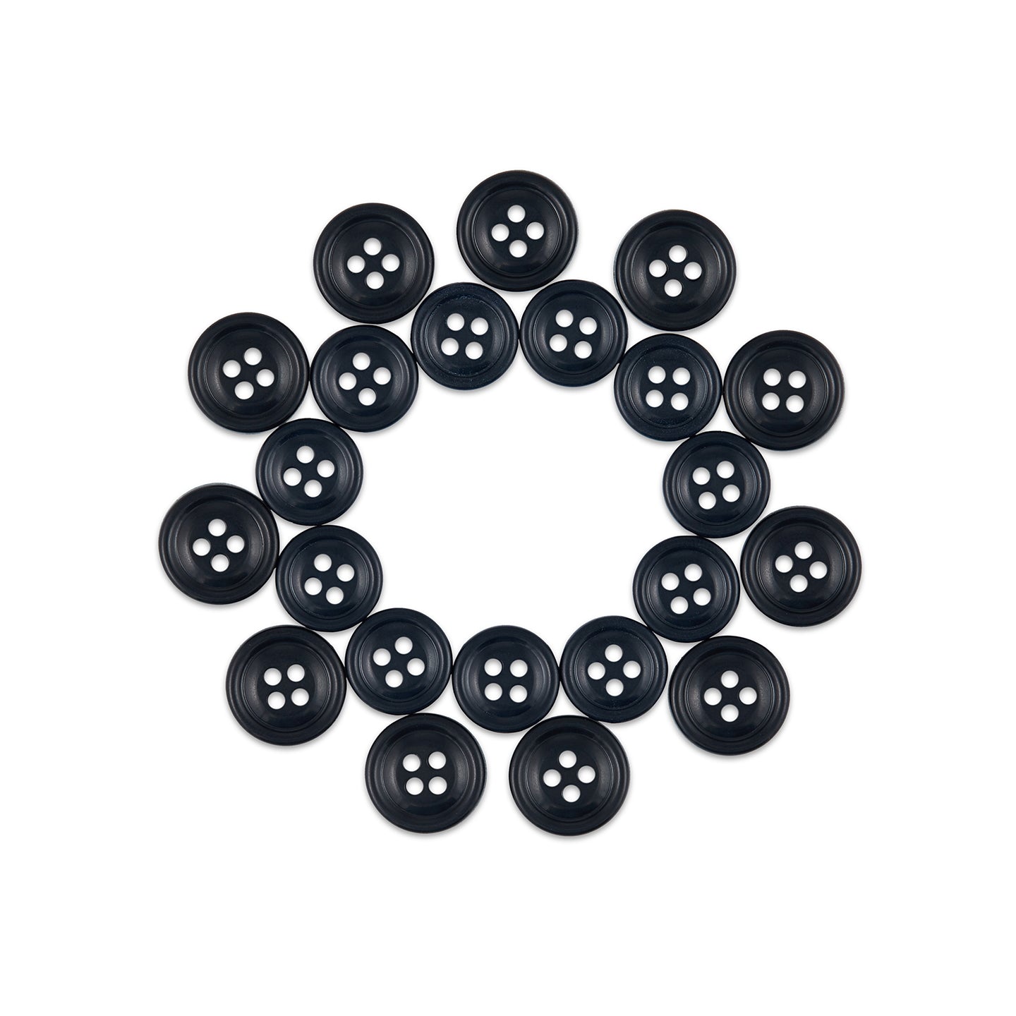 Twenty Cargo Utility Pant Buttons made of black nylon plastic arranged in a circular pattern on a white background.