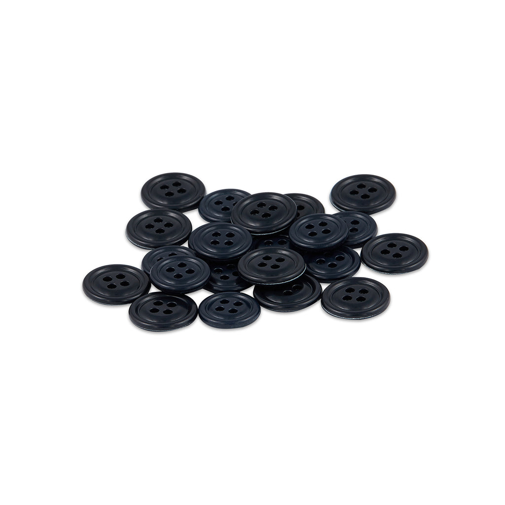 A stack of round, black, four-hole Cargo Utility Pant Buttons made from nylon plastic on a white background—ideal replacement buttons for cargo pants.
