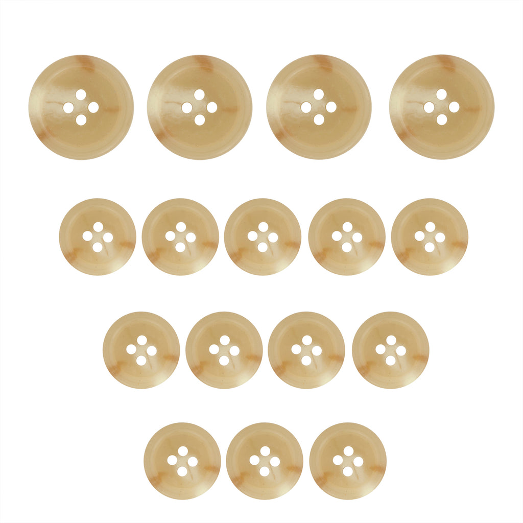 Fifteen Regular Suit Buttons in beige, featuring assorted sizes, are arranged in an upside-down triangle on a white background.
