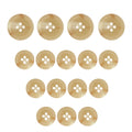 Fifteen Regular Suit Buttons in beige, featuring assorted sizes, are arranged in an upside-down triangle on a white background.