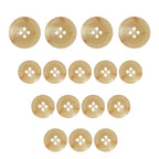 Fifteen Regular Suit Buttons in beige, featuring assorted sizes, are arranged in an upside-down triangle on a white background.