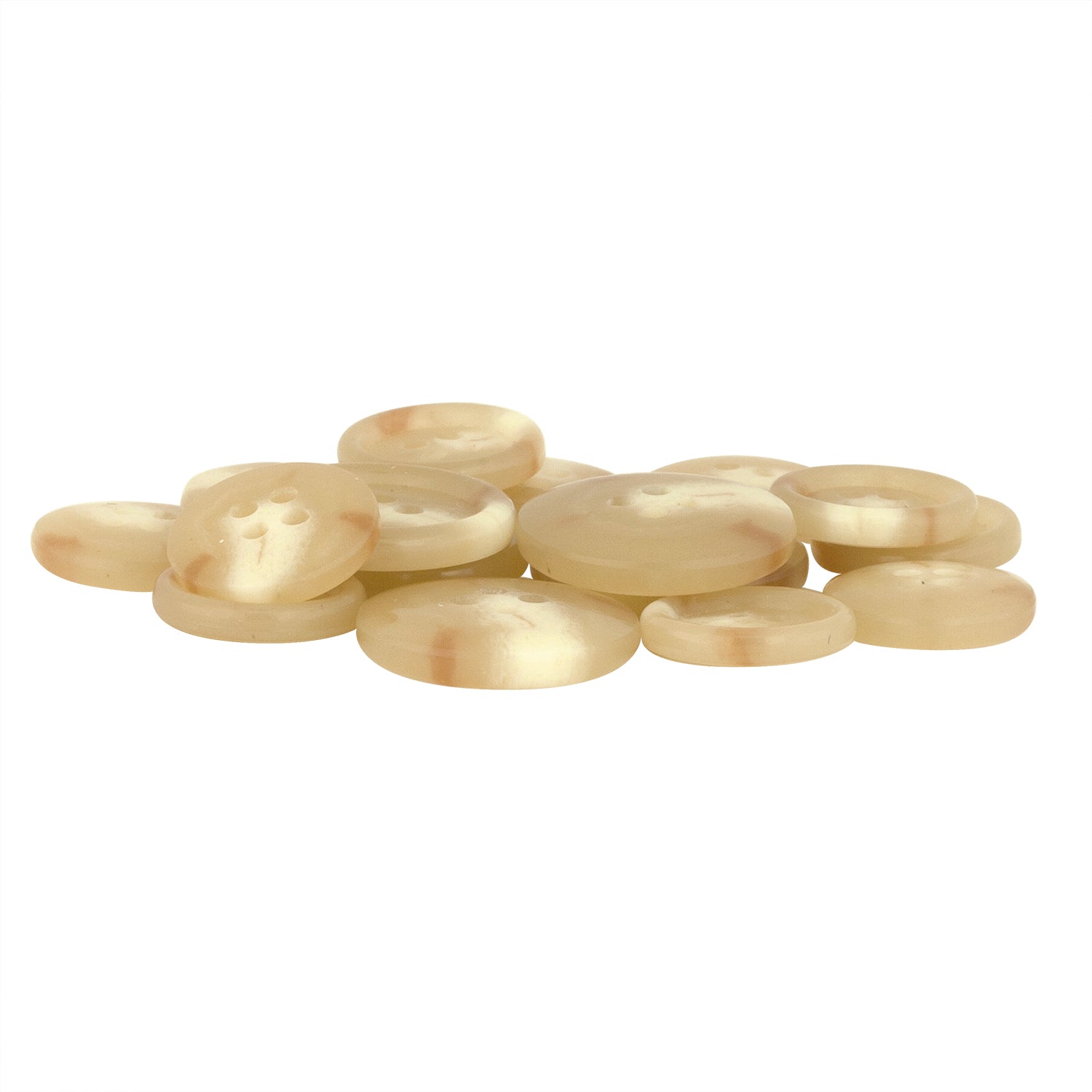 A pile of Regular Suit Buttons featuring a round, beige design with a smooth and shiny surface.