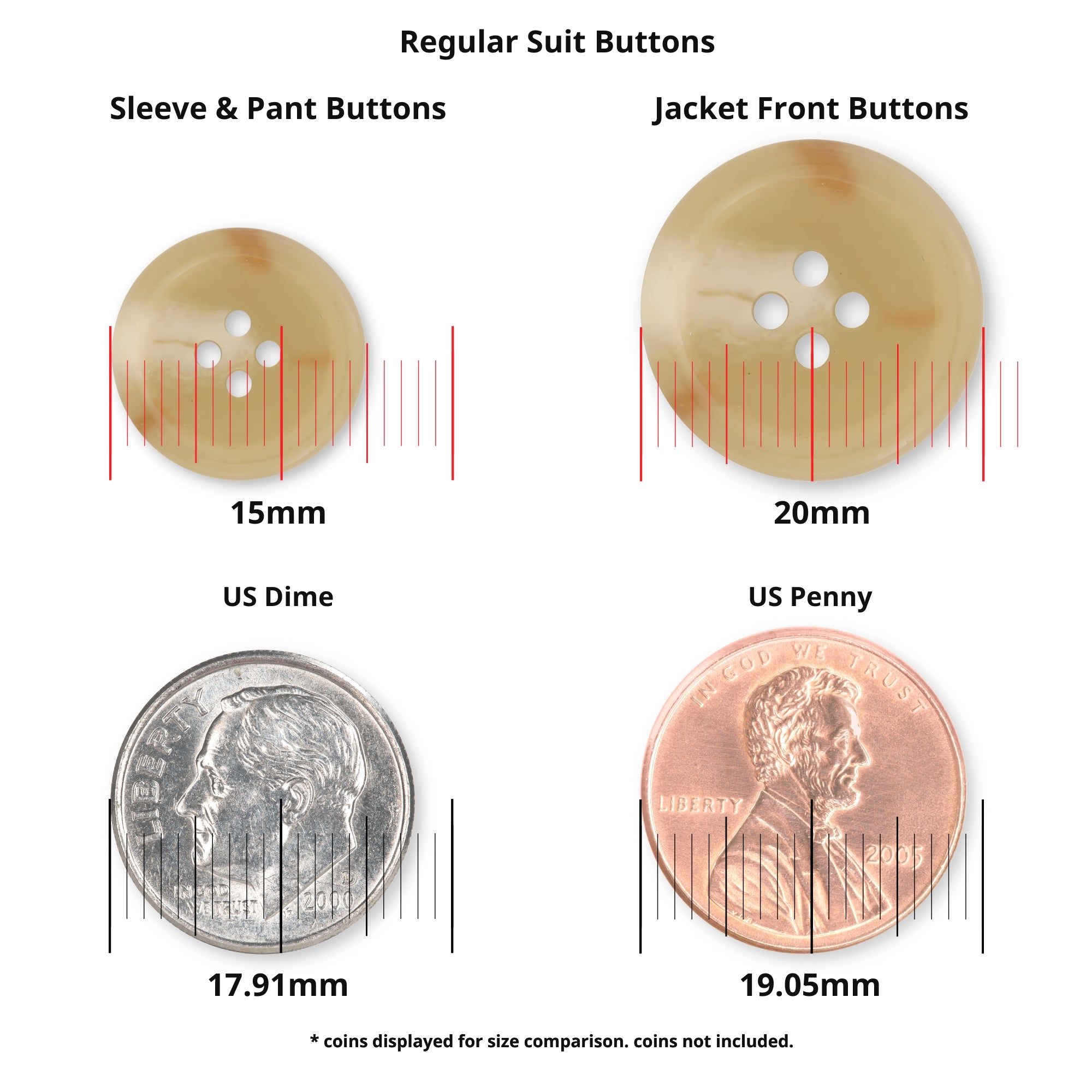 Comparison of two Regular Suit Buttons with a US dime and penny, clearly displaying their millimeter sizes—perfect for choosing suitable replacement buttons.
