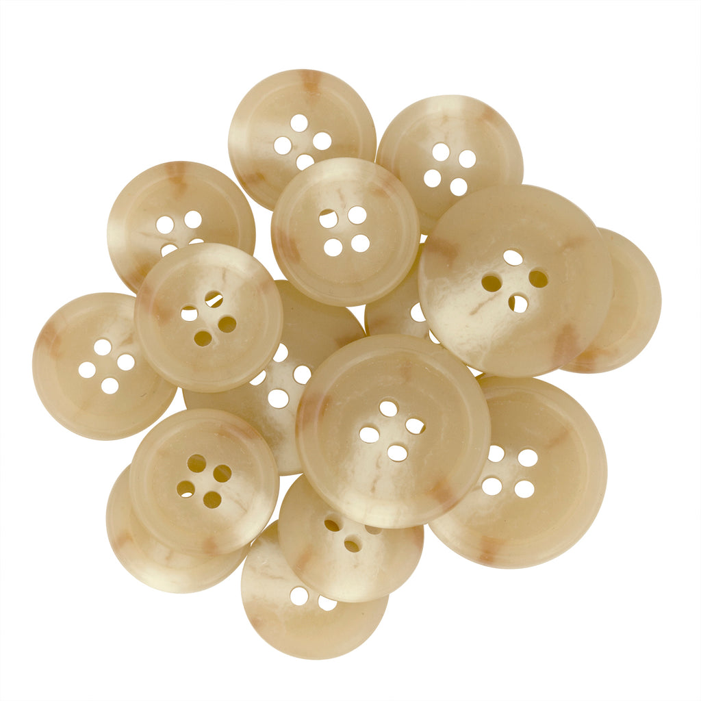 A cluster of beige Regular Suit Buttons with four holes, displayed on a white background—ideal as replacement buttons for your wardrobe essentials.