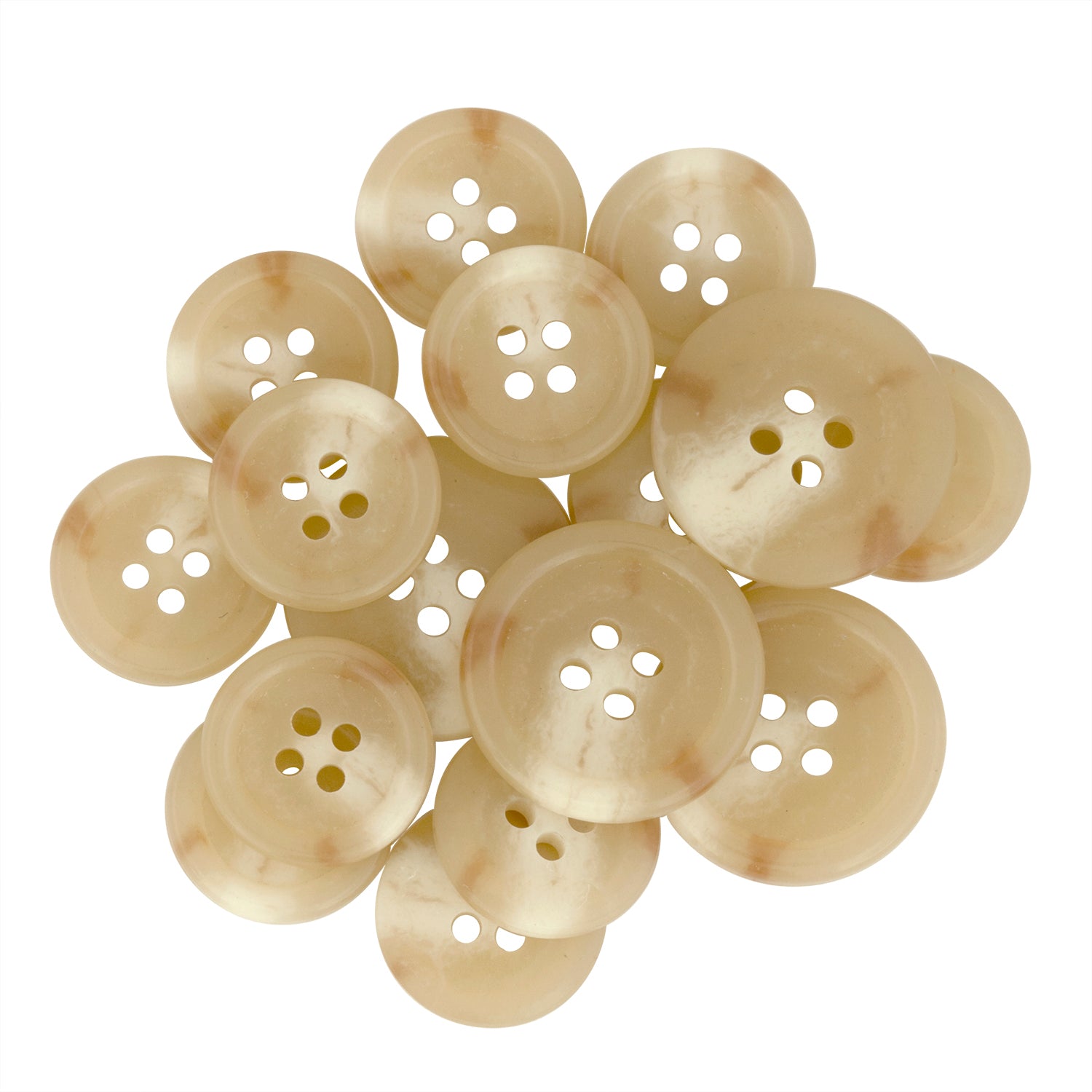 A cluster of beige Regular Suit Buttons with four holes, displayed on a white background—ideal as replacement buttons for your wardrobe essentials.