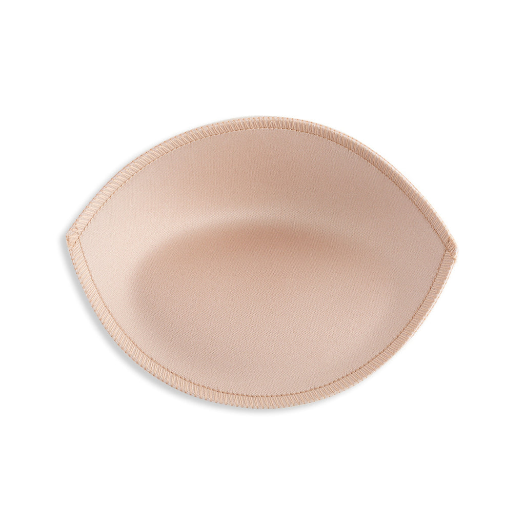 Padded Bra Cup Inserts in beige, oval-shaped with stitched edges—ideal as convenient bra padding enhancers for added lift. Shown against a white background.