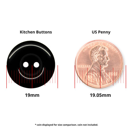 A black Commercial Food Service Button and a US penny, each about 19mm in diameter, are shown side by side for size comparison—ideal replacement buttons for work or plain uniforms.