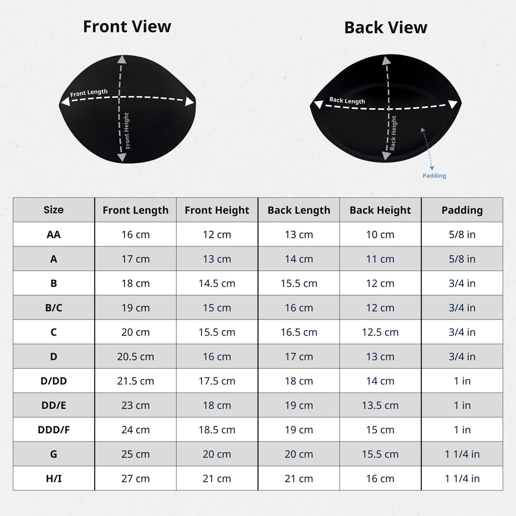 Sizing chart for Padded Bra Cup Inserts shows front, back, and padding measurements for sizes AA to H/I. Two black cup diagrams illustrate fit, featuring details on padded bra cups and bra padding enhancers.