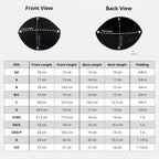 Sizing chart for Padded Bra Cup Inserts shows front, back, and padding measurements for sizes AA to H/I. Two black cup diagrams illustrate fit, featuring details on padded bra cups and bra padding enhancers.